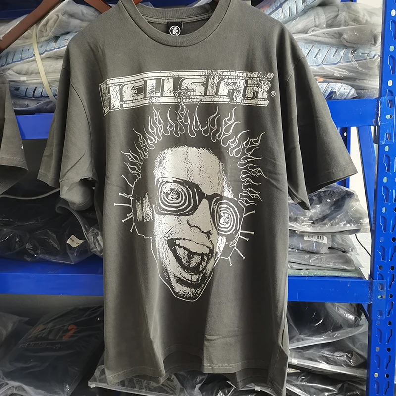 

High Quality Summer Oversized T Shirt Hellstar Studios Rage Tee Rapper Wash Grey Heavy Craft Men Women Pure Cotton T Shirt