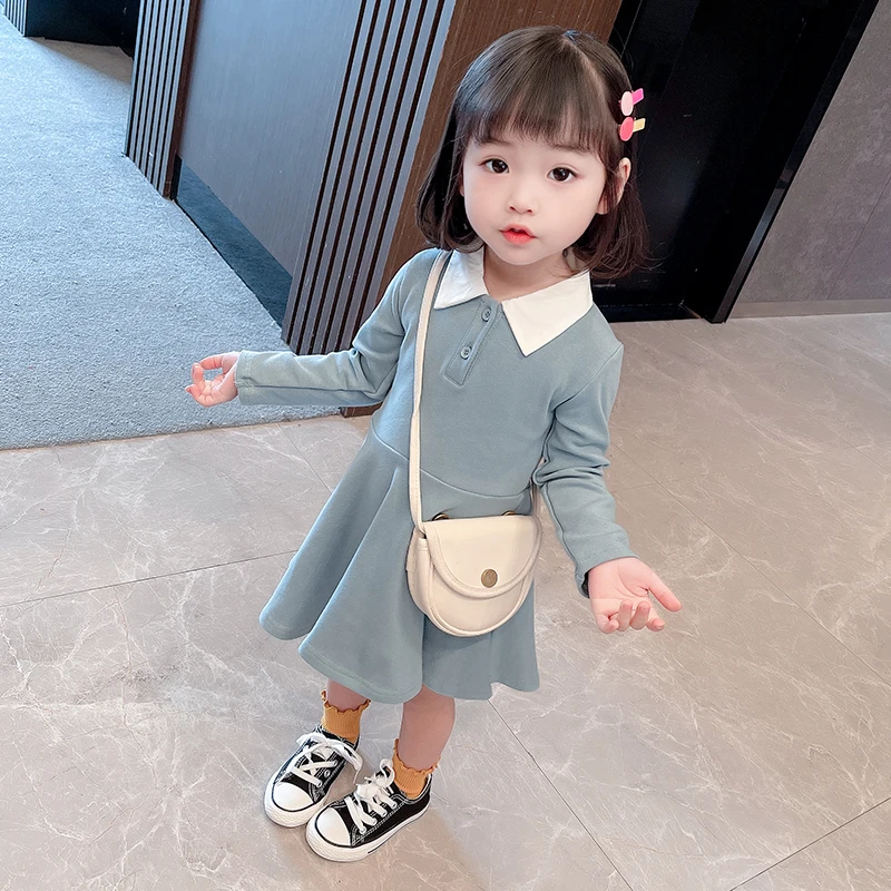 

2022 New Summer Kids Girls Dress turn down Collar long Sleeves black blue Princess Dresses Child knee high dress