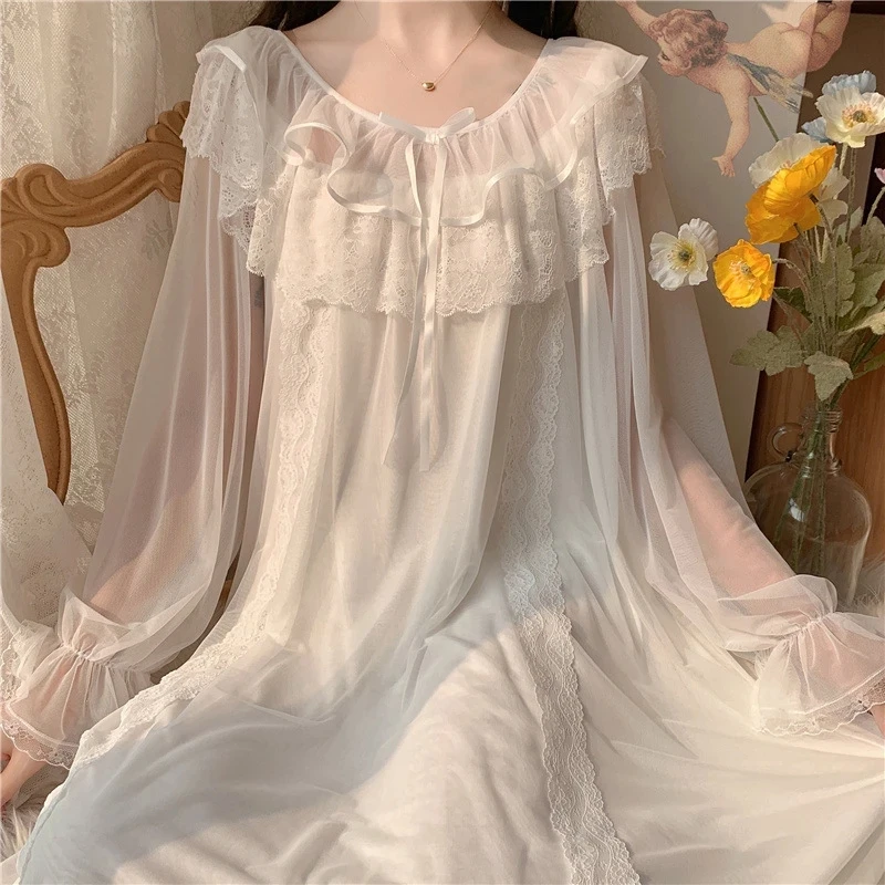 

Женское платье в стиле "Лолита", пижама принцессы, белая кружевная сетчатая Ночная рубашка в викторианском стиле, винтажная ночная рубашка, кавайная ночная рубашка, одежда для отдыха