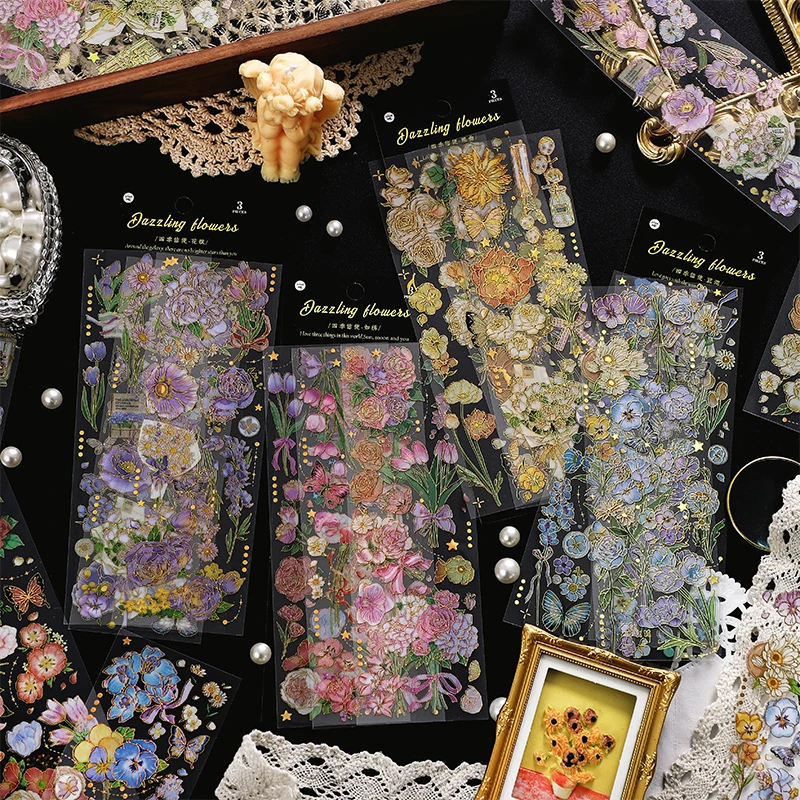 

3pcs 3D hot stamping stickers four seasons flowers Decorative PVC Stickers Scrapbooking Stick Label Diary Album stationery