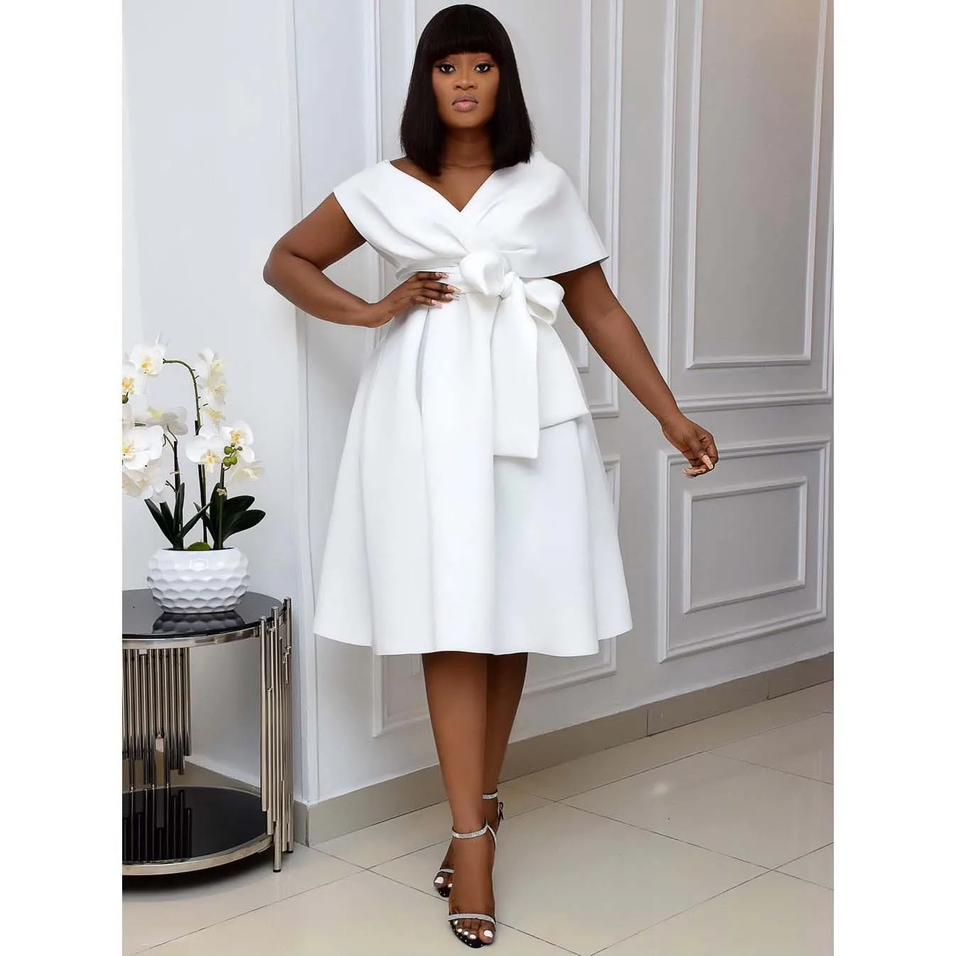 

Women Party Dress V Neck with Waist Belt Bowtie Pleated A Line Occation Birthday Christmas Event Celebrate Fashion African XXXL
