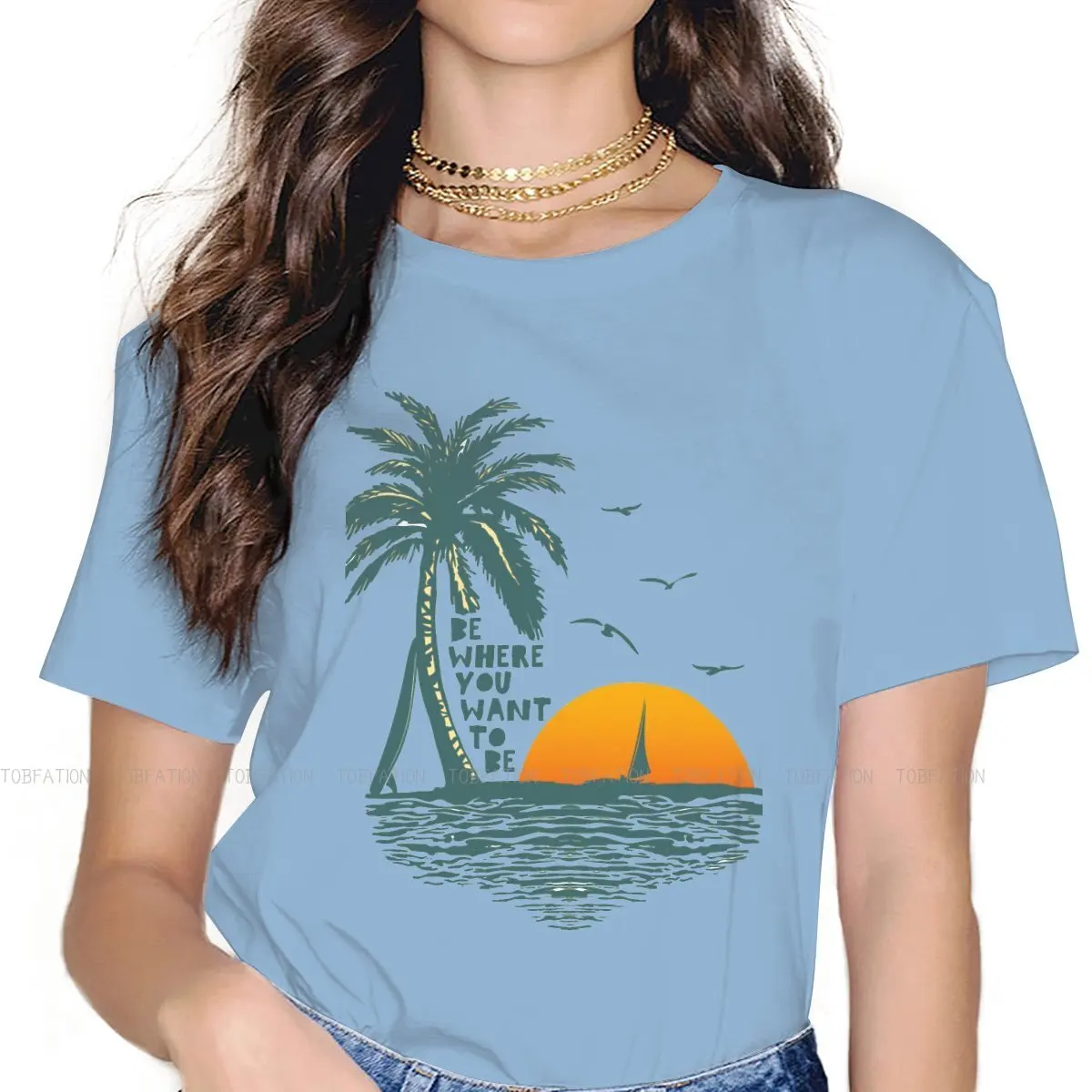 

Palm Trees O Neck TShirt Geometric Sunset Beach The Scenery Fabric Classic T Shirt Woman New Design 5XL Hot Sale