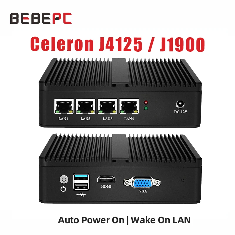 BEBEPC Router Mini PC Fanless Intel Celeron J1900 J4125 4LAN Gigabit Ethernet Mini Computer Windows 10 PfSense Server Firewall