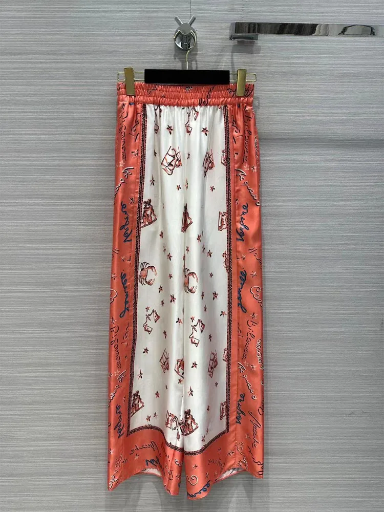 

2023 New Spring And Summer Women Fashion Romantic Holiday Style Elegant Light Silk Printed Wide Leg Straight Pants