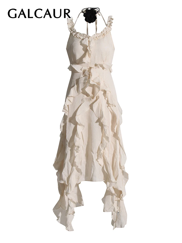 

Элегантное однотонное платье GALCAUR с асимметричным подолом для женщин, с V-образным вырезом, без рукавов, с высокой талией, в стиле пэчворк, с оборками, минималистичное женское платье, Новинка