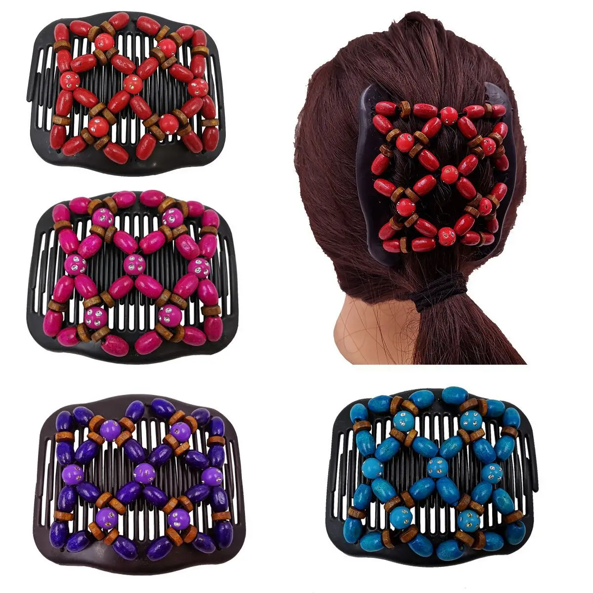 

Hot Selling Luxurious Easy Magic Wood Beads Double Hair Comb Clip Stretchy Women Hair Accessories Hair Styling Tool Combs