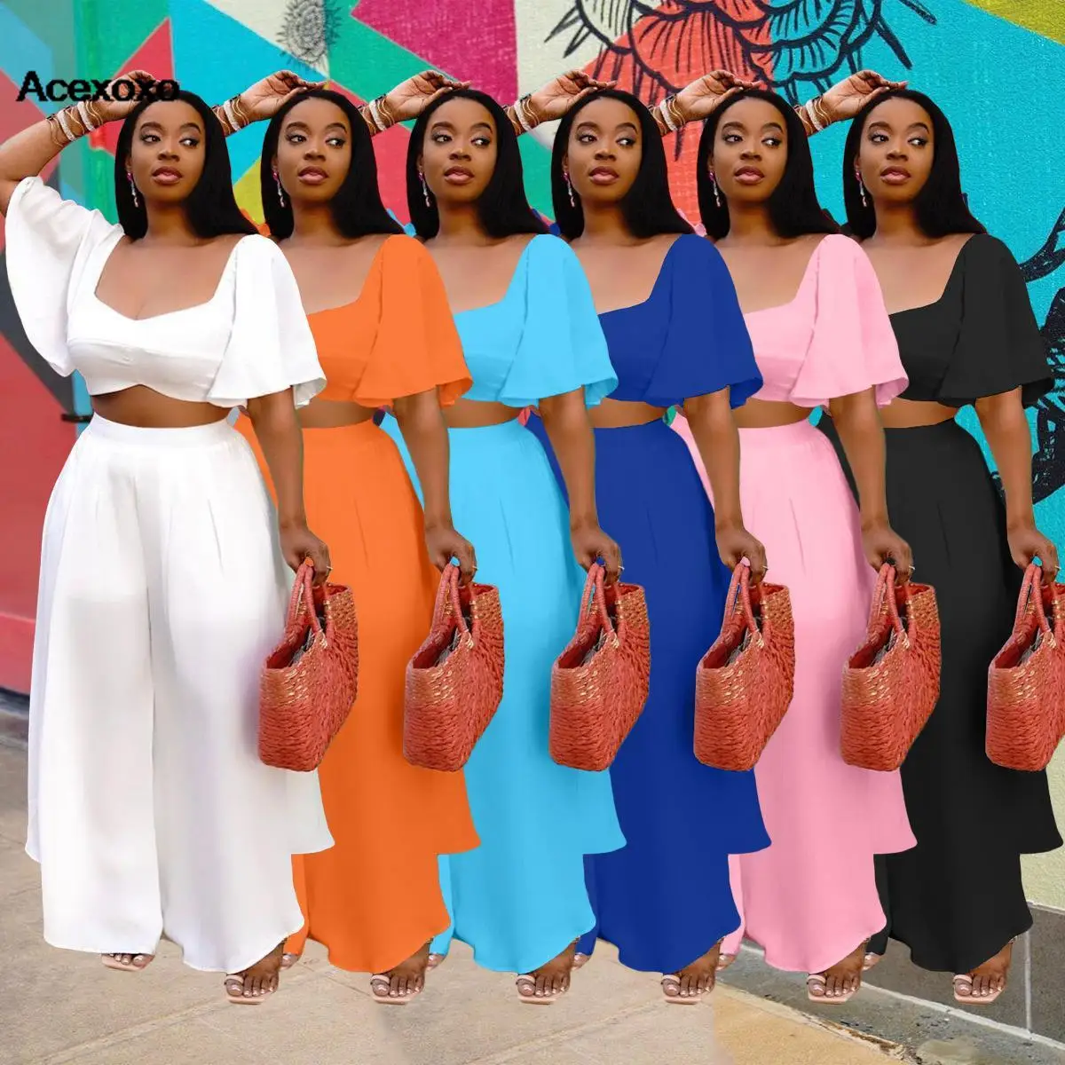 

2023 new summer fashion pure color lace-up short top + high-waisted wide-leg pants two-piece short-sleeved suit