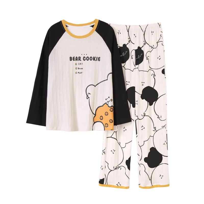 2022 new style pajamas women's autumn winter long sleeved trousers set pure cotton simple leisure cartoon girls' home clothes