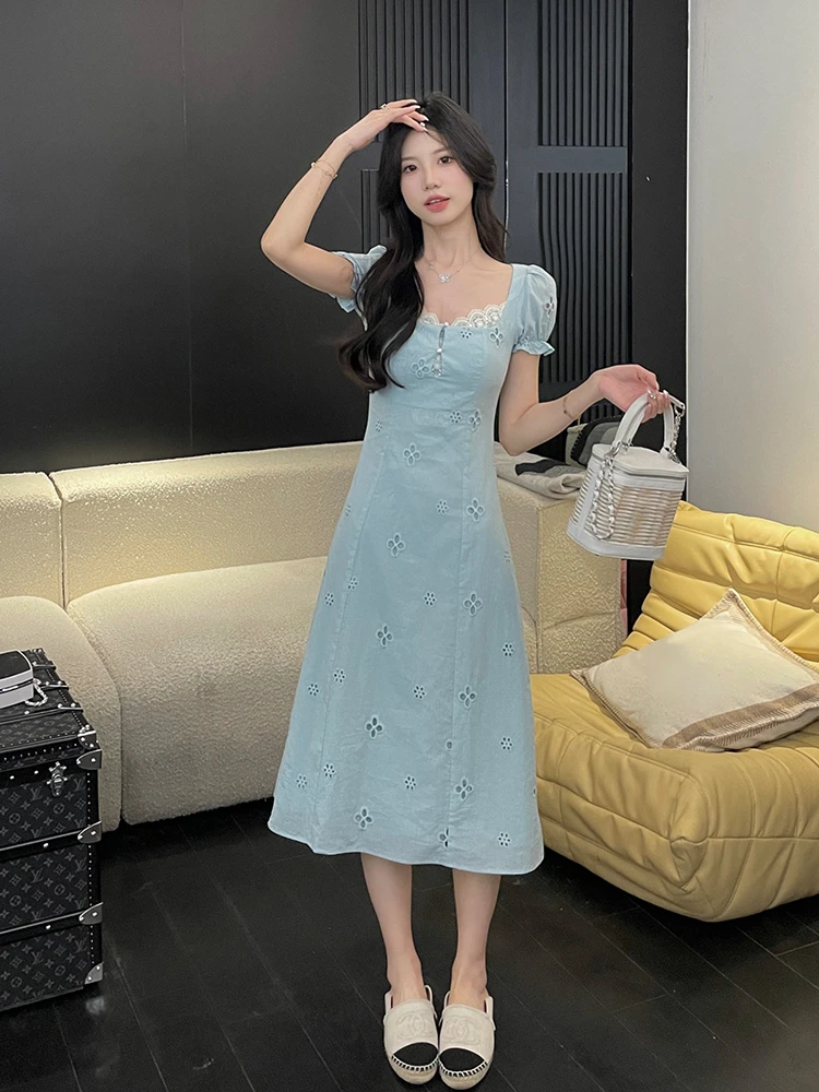Design Blue Hollow out French sle Dress Children Summer 2024 New Elegant High Sense Tea Break Long dress |