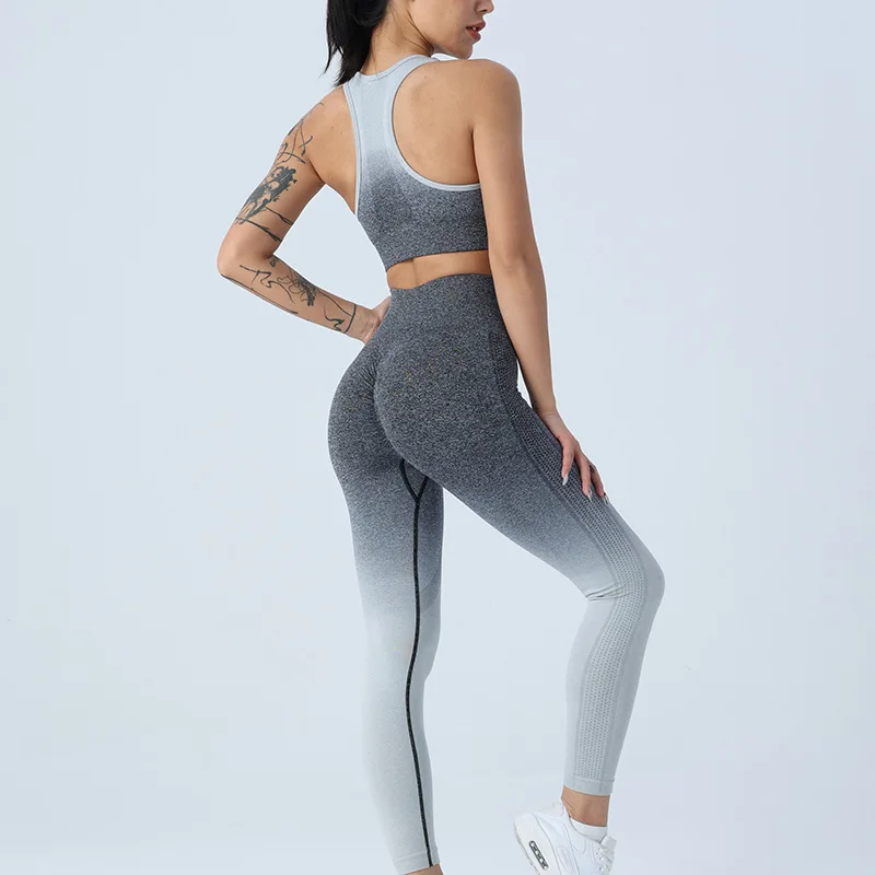 2023 Summer Yoga Set Crop Top Women Leggings Workout 2 Piece Outfits Gradient Color Sport Bra Gym Set Fitness Female Tracksuit