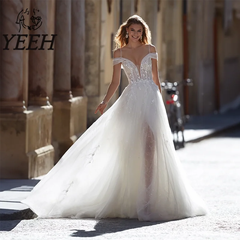 

Свадебное платье с открытыми плечами YEEH, элегантное кружевное свадебное платье с открытой спиной и кружевной аппликацией, свадебное платье со шлейфом для невесты