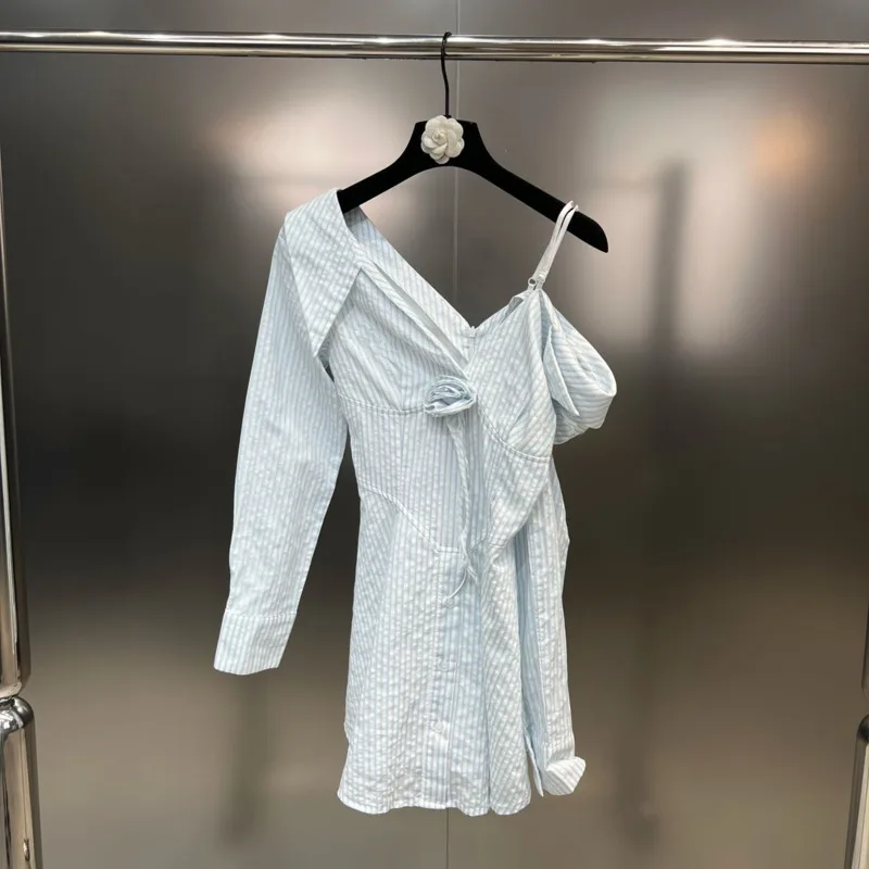 

BORVEMAYS 2023 Summer New Asymmetry V Neck Long Sleeve 3D Flower Casual Stripe Dress Women Trend All-match Dresses WZ3620