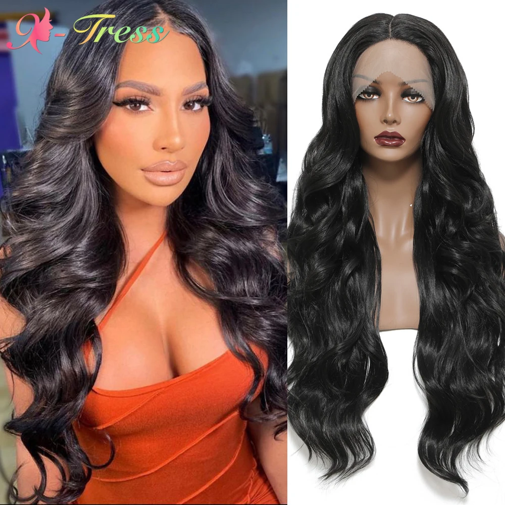 

X-TRESS Body Wave Synthetic Lace Front Wig 28 Inch Long Wavy Trendy Natural Hairstyle Middle Free Part Lace Wigs for Black Women