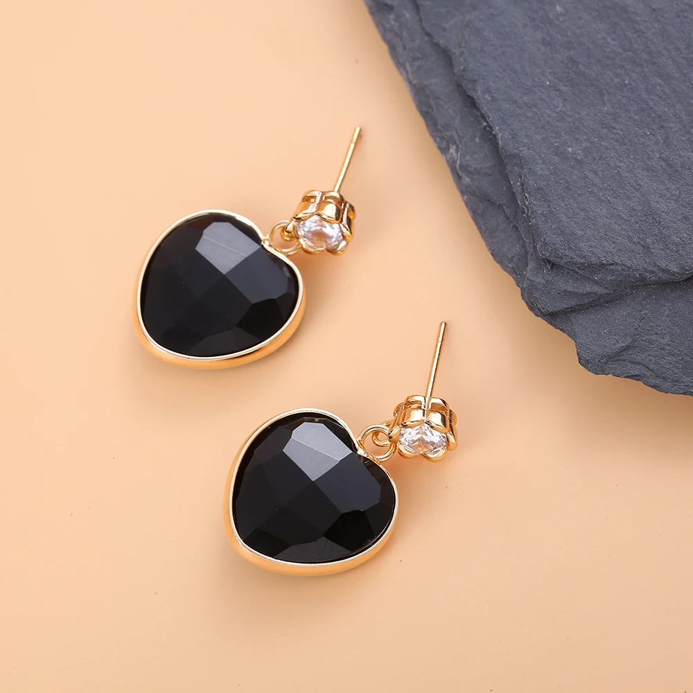 Женские серьги из обсидиана с натуральным камнем и цирконом