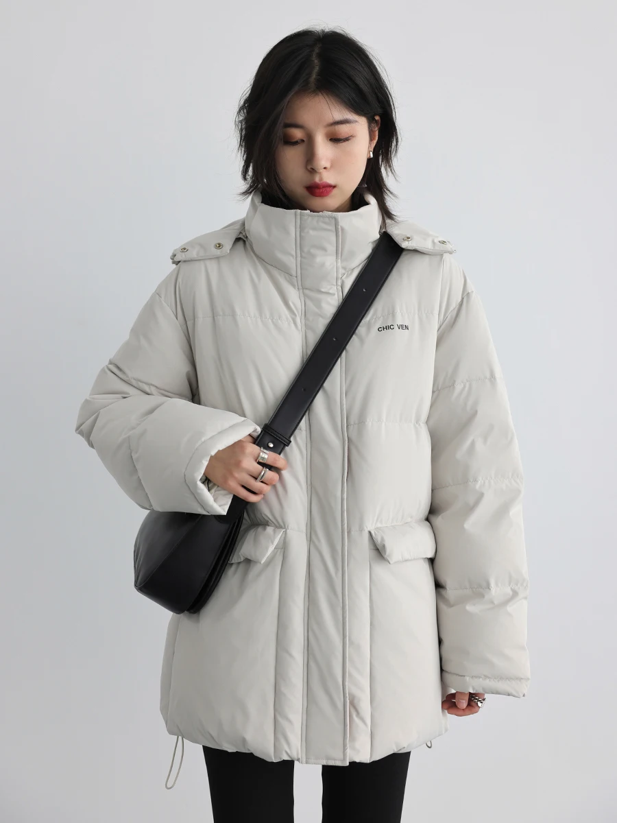 CHIC VEN Women's Down Coat Contrast Collar Solid Thick Detachable Hooded 90 White Duck Down Down Jacket Winter 2022