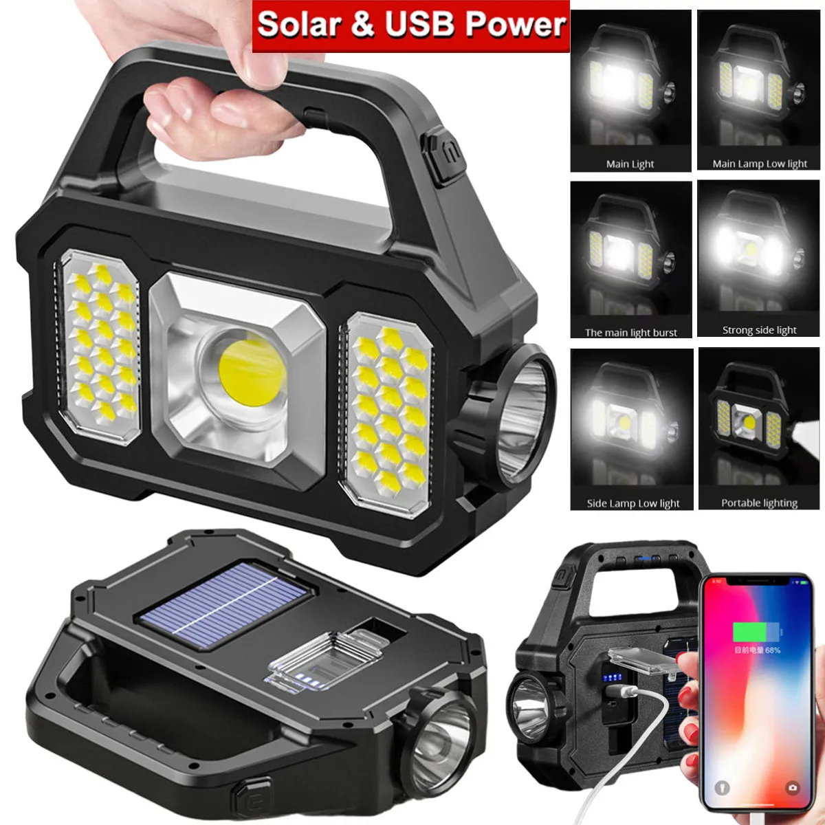 

Super Bright Solar LED Camping Flashlight Work Lights USB Rechargeable Handheld Solar Powered Lanterns Spotlight Searchlight