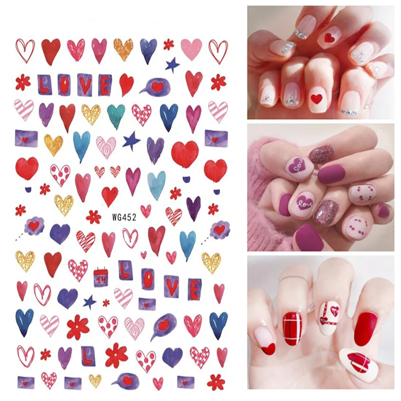 

3D nail art stickers blue red kiss heart gift letter diamond pattern women beauty cosmetic DIY peel off manicure decal WG048