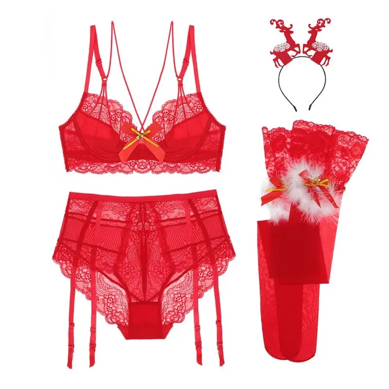 

Новинка 2023, рождественское нижнее белье, сексуальный кружевной бюстгальтер, женские чулки и повязки на голову, женское нижнее белье из 4 пре...