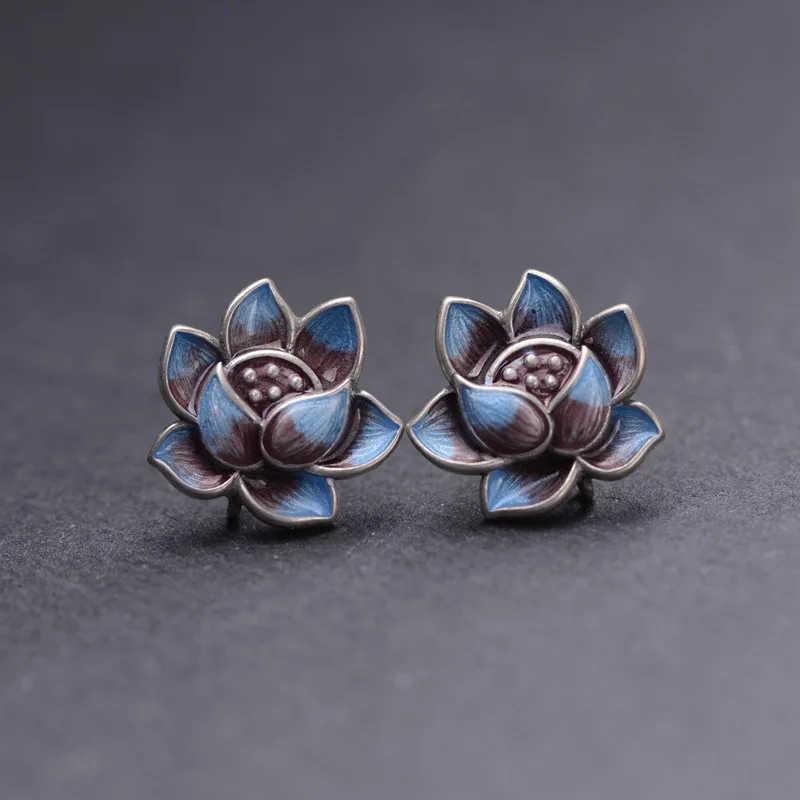 

Fashion Chinoiserie Style S925 Silver Vintage Burnt Blue Craft Lotus Cloisonné Ethnic Earrings for Women Party Birthday Gift