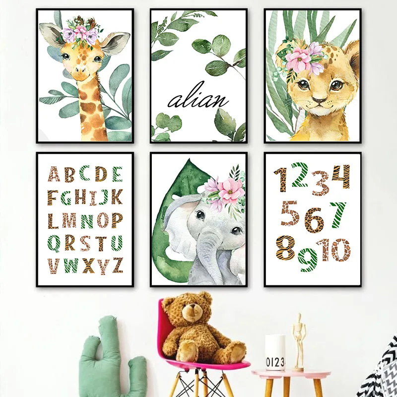 

Alphabet Wall Art Print Lion Elephant Giraffe Rhino Nursery Nordic Poster Canvas Painting Wall Pictures, Baby Kids Room Decor