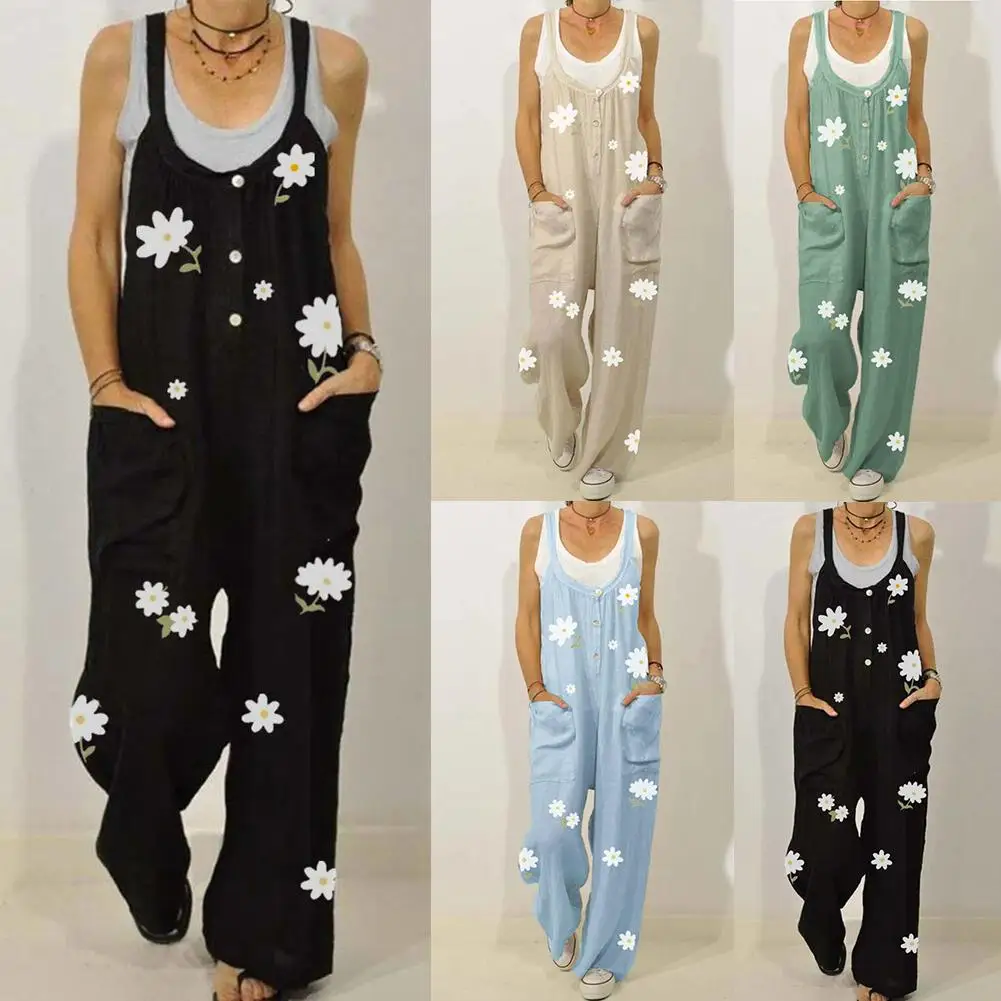 

2022 Women Sleeveless Floral Print Pockets Buttons Jumpsuit Bib Overall Dungarees Women's Clothing cargo pants women