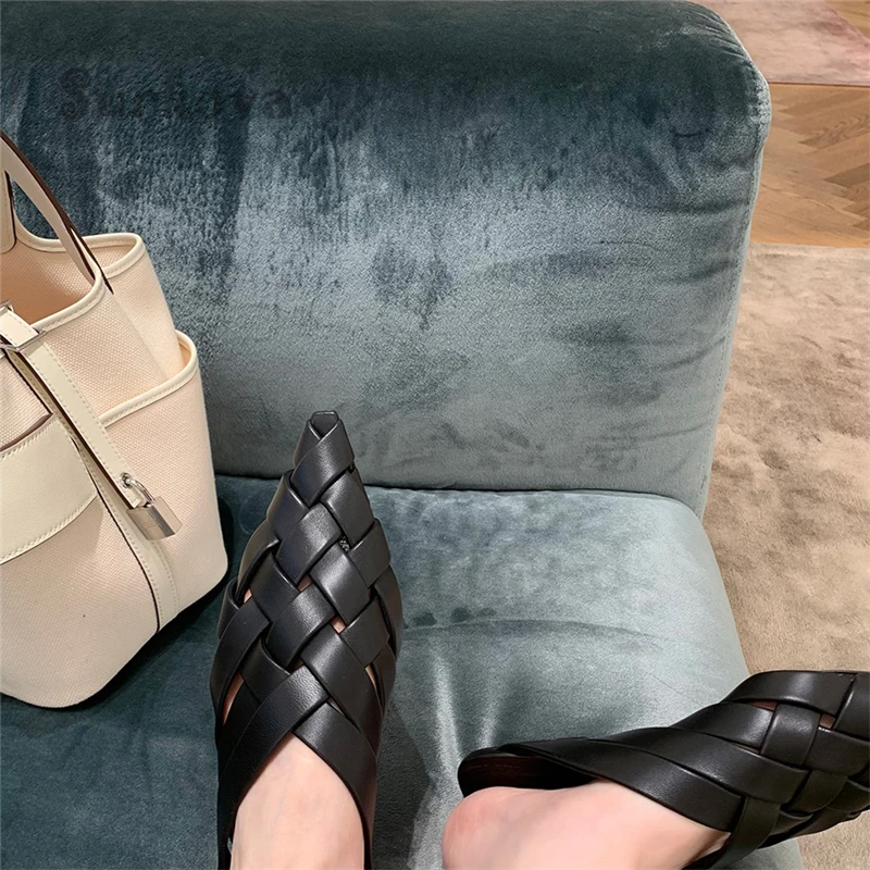 Concise Pointed Toe Woven Pumps Solid Black Flat with Slip-On Sandals and Slippers Women's Summer Mules Shoes New Half Slippers