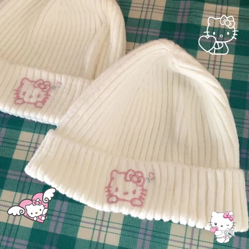 

Белая Студенческая вязаная шапка Kawaii Hello Kitty, мультяшная девочка, детские зимние мягкие аксессуары, головной убор, кепка для дочери, рождеств...