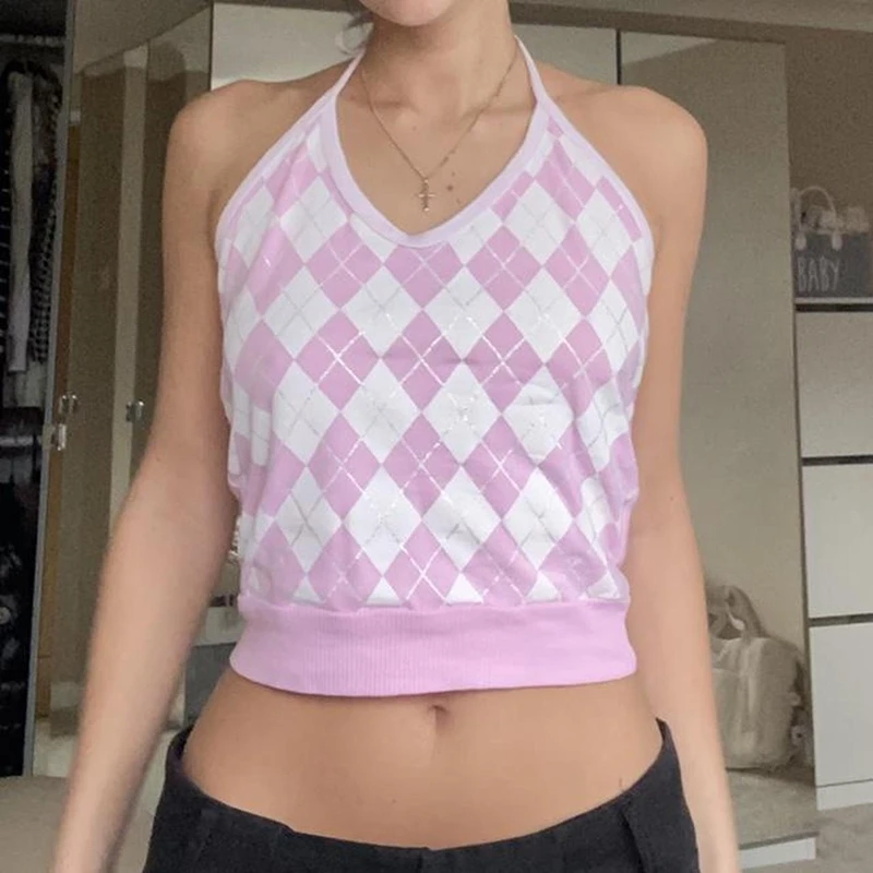 

Женский топ с воротником-халтером Y2K, летний облегающий топ с принтом в виде ромбиков, без рукавов, с открытой спиной, милый топ в винтажном с...