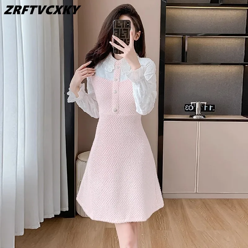 

Elegant Long Sleeve Patchwork Pink Knitte Dreeses For Women's Autumn Fashion Sequin Beading Mini A-Line Drees Female Clothing