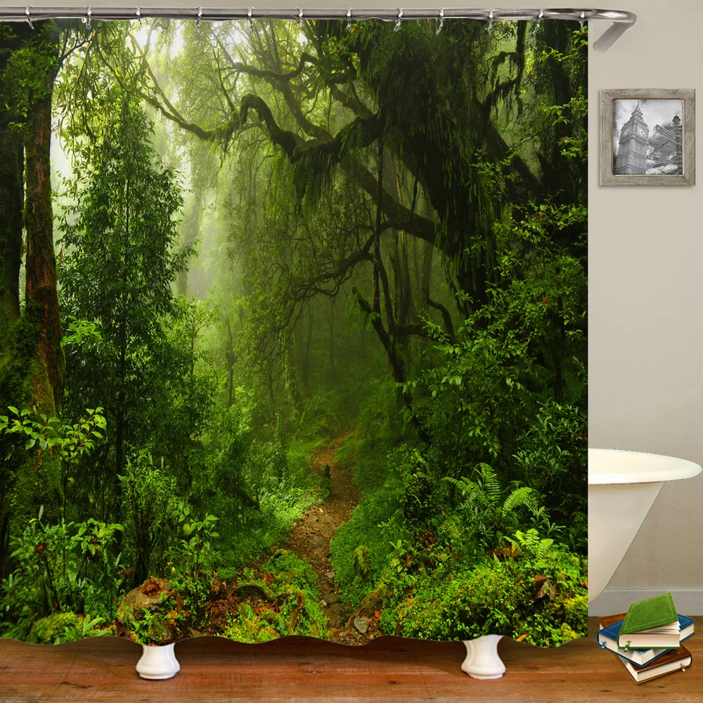

Curtains Forest Waterfall Beautiful Natural Scenery Luxury Bathroom Decor Screen With Hooks