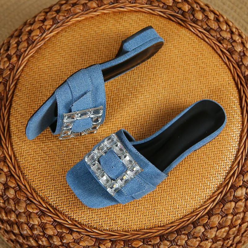 2023 Women's Casual Outdoor Beach Slippers Summer Fashion Luxury Rhinestone Elegant Low Heel Square Toe Shoes Zapatos De Mujer