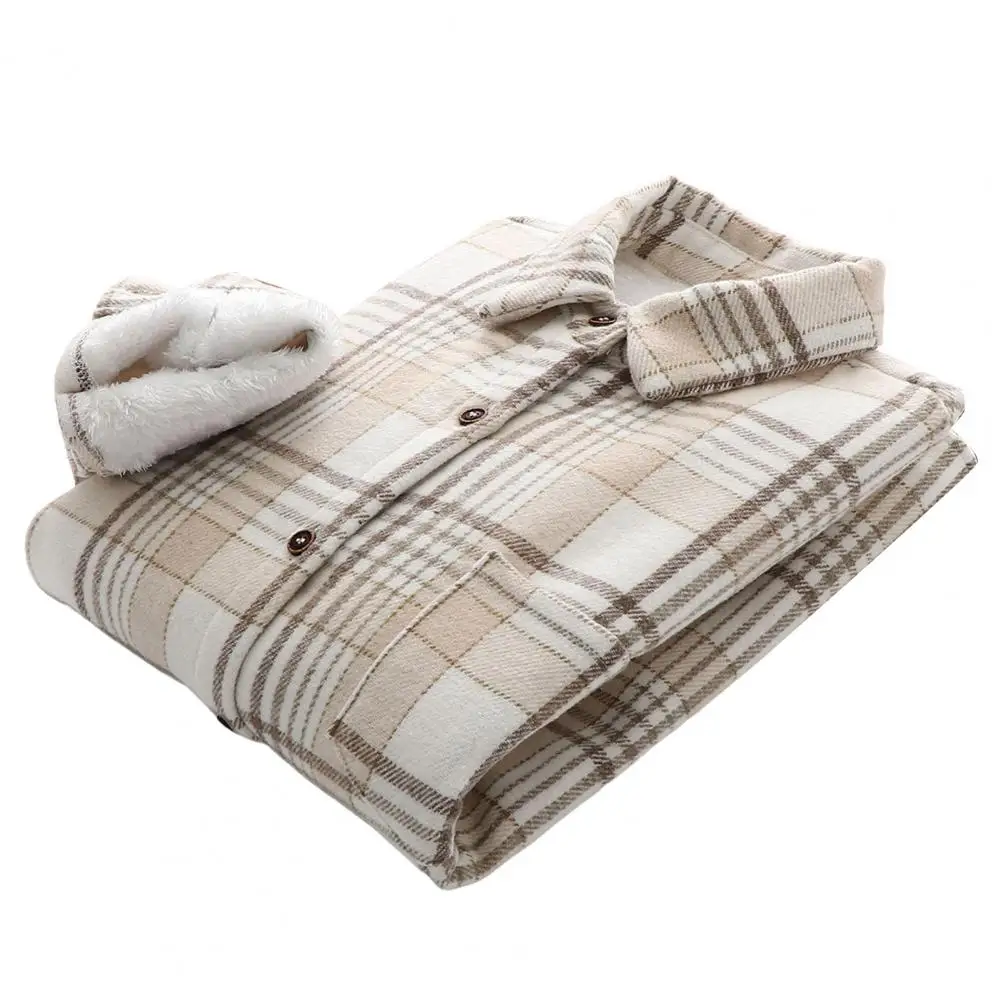 

Классическая шерстяная рубашка средней длины с длинным рукавом, теплая утепленная рубашка с пушистой подкладкой и клетчатым принтом, куртка