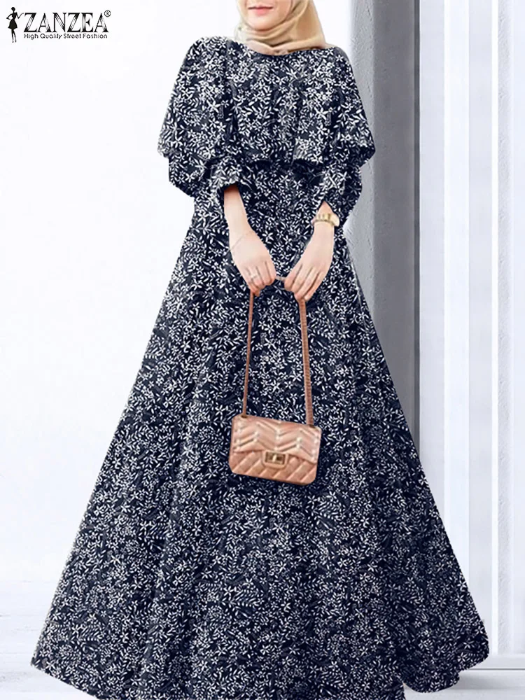 

Oversized Women Autumn Sundress ZANZEA Stylish Printed Muslim Dress Casual Puff Sleeve Maxi Vestidos Female Floral Robe Femme