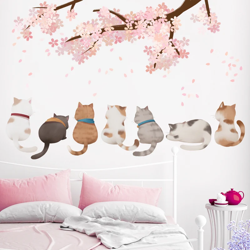 

[shijuekongjian] Cartoon Cats Animals Wall Sticker DIY Oriental Cherry Wall Decals for Kids Bedroom Baby Room Nursery Decoration