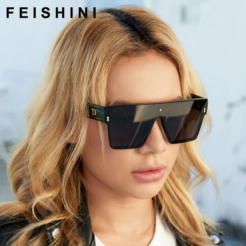 

Feishini Brand Design D Letter Decoration Legs Luxury Contracted Quality Square Sunglasses Women Oversized UV Protection Ladies