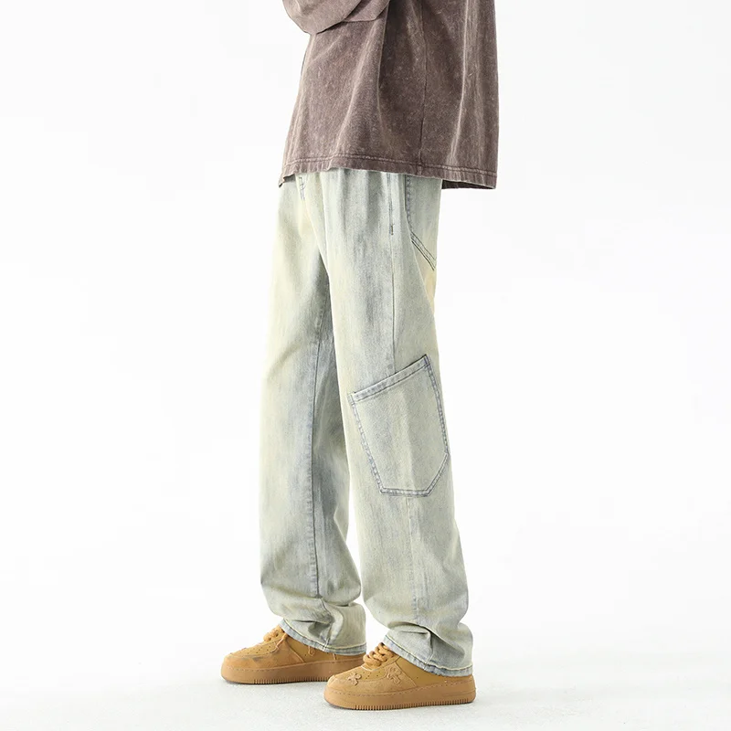Baggy Stretch Jeans Men Fashion Retro Pocket Straight Jeans Mens Japanese Streetwear Hip-hop Loose Wide Leg Denim Trousers Men