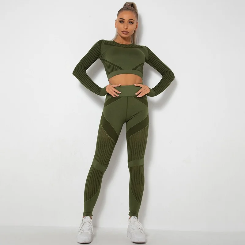 Gym Set Women Long Sleeve Crop Top Sportswear Tights Pants Yoga Set Sports Leggings Fitness Suit Workout Summer Tracksuit Female