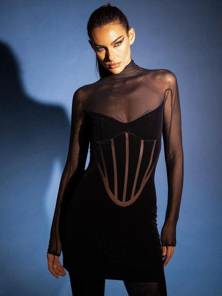 

Laxsesu Mesh Patchwork Mini Bodycon Dress Women Sexy See Through Turtleneck Neck Long Sleeve Party Club Outfit Spring Summer