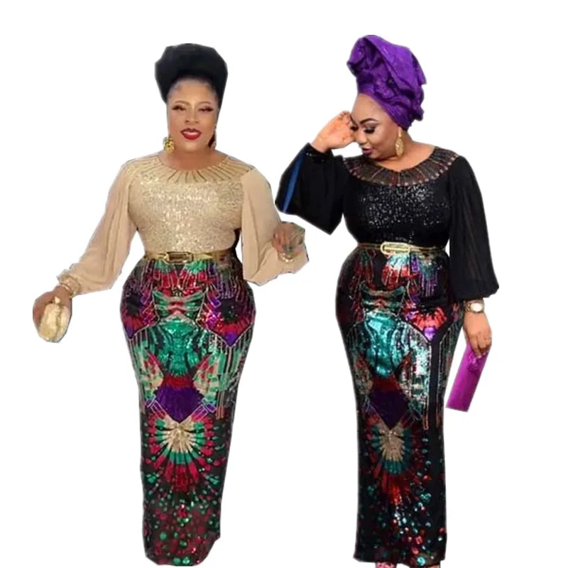

Fashion Vintage Bazin African Women High Waist Multicolor Sequin Euramerican Sexy Noble Diamond Elegant Retro Evening Maxi Dress