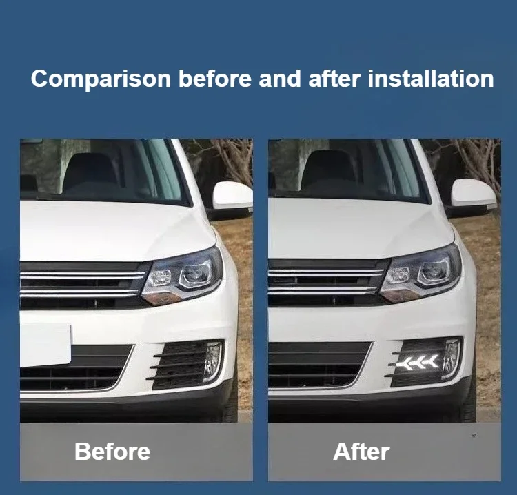 Фото Для Volkswagen Tiguan 2013 2014 2015 2016 2017 Автомобильные светодиодные дневные ходовые огни Передние противотуманные фары DRL Желтый Dymanic указатель поворота №4