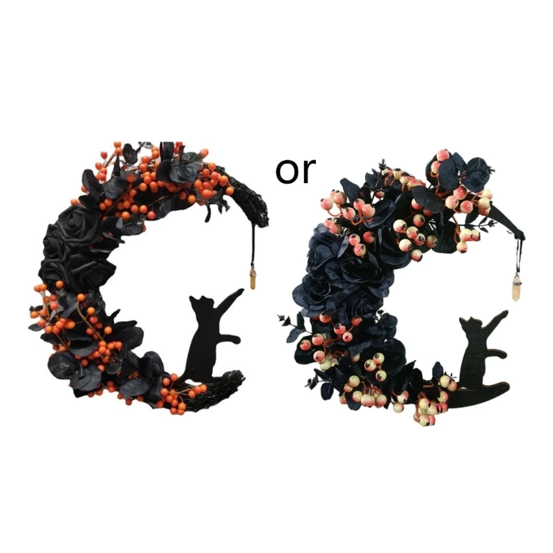 

Halloween Holiday Wreath Goth Roses Cats Front Door Home Holiday Decoration