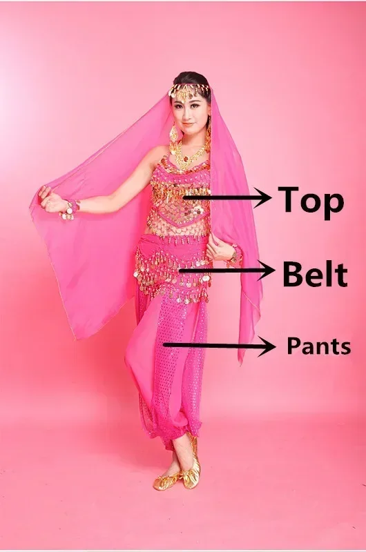 Брюки для танца живота + топ пояс женские костюмы комплект платье Болливуда ткань