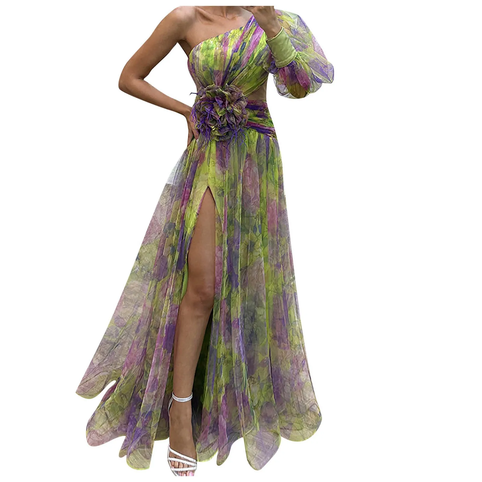 Официальное вечернее платье с цветочным узором элегантное на одно плечо бальное