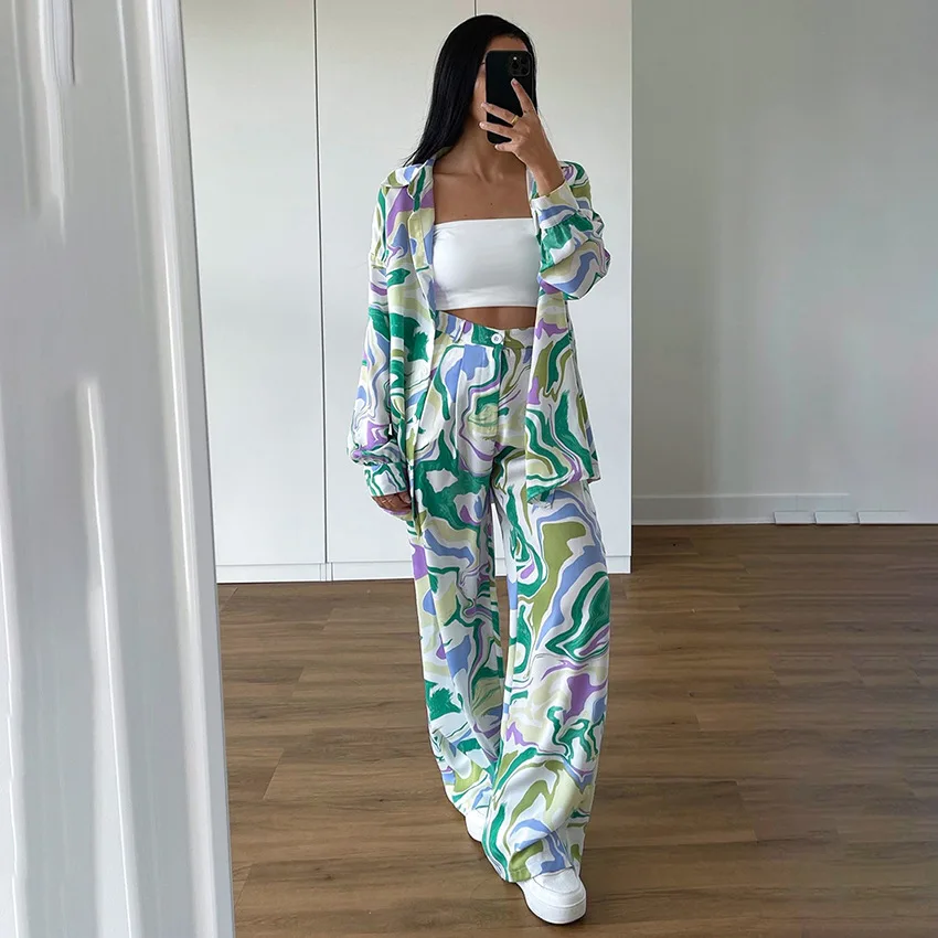 

Summer Print Pants Set 2 Pieces Womens 2023 Outfits Elegant Long Sleeve Shirts Fashion High Waist Long Pants Suits Female