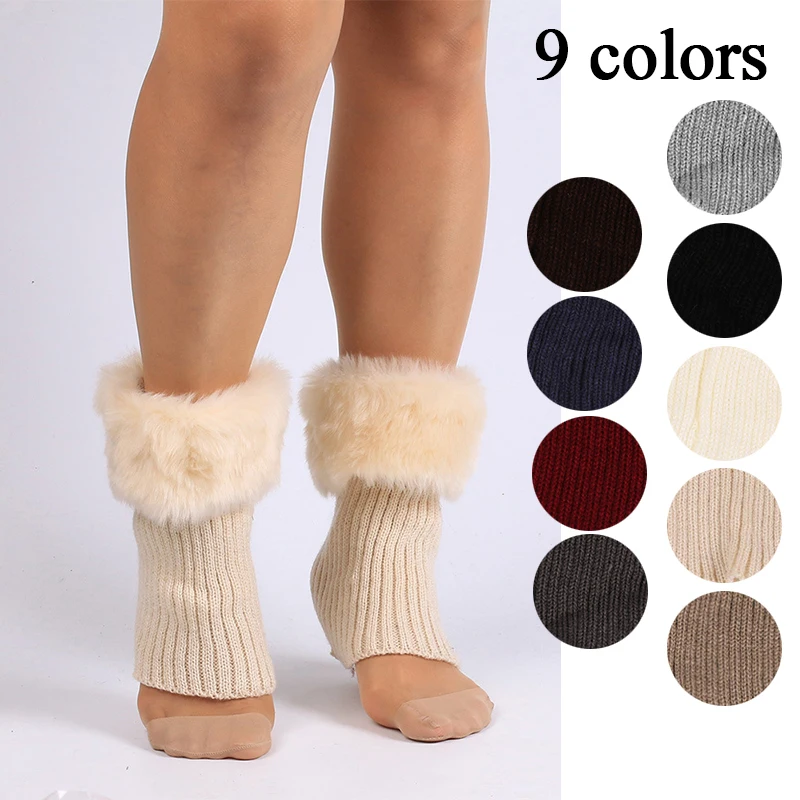 

Women Winter Leg Warmers Crochet Knit Faux Fur Trim Leg Boot Socks Toppers Cuffs Knitted Foot Cover Boots Cuffs Top Japan Lolita