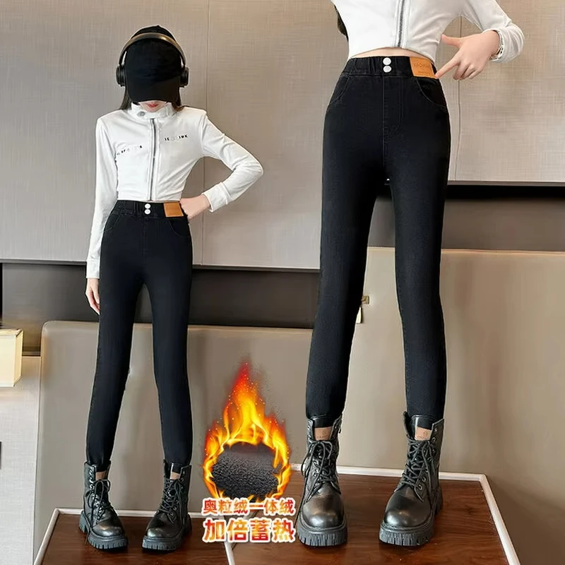 Новые зимние джинсы для девочек детские толстые флисовые брюки детей леггинсы
