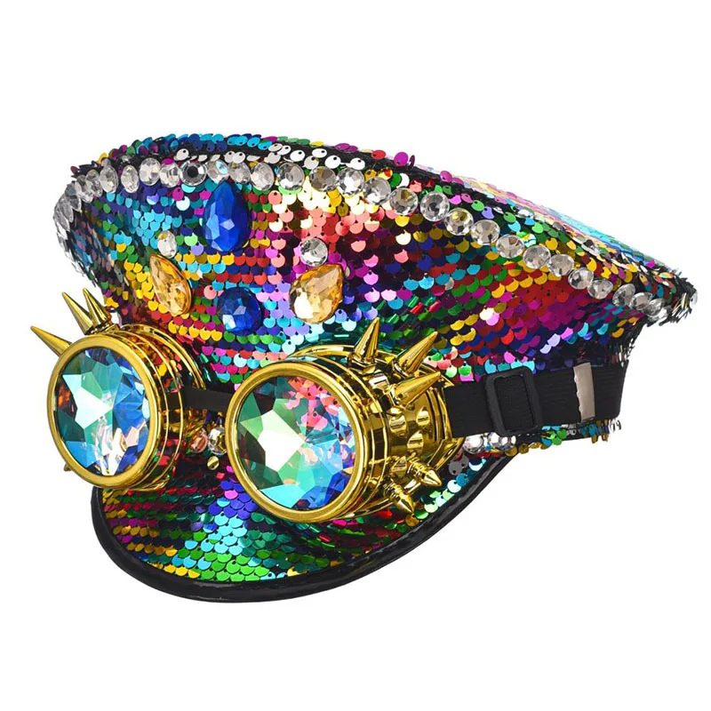 

2023 New Handmade Sequined & Rhinestone Punk Hat Luxury for Lady Women Girl Party Cap Nightclub Cosplay Prop Colorful