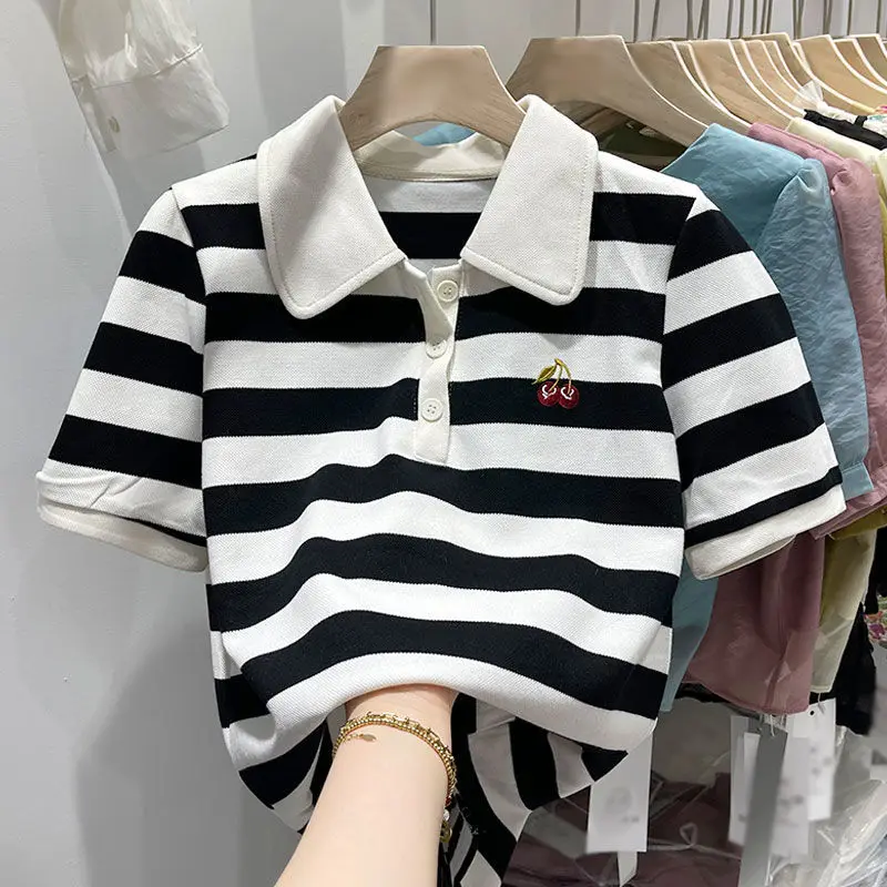 

Шикарные рубашки поло с вышивкой вишни на пуговицах, винтажные полосатые футболки, высококачественные хлопковые кавайные топы, корейская м...