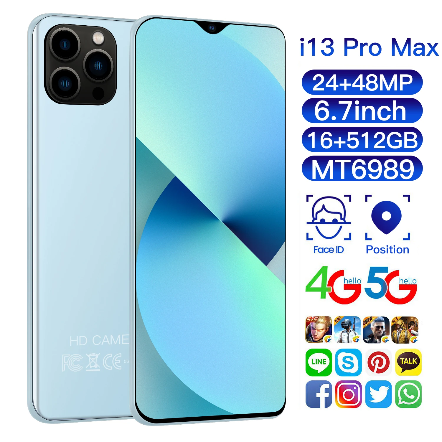 

Global Version i13 Pro Max 6.7inch 5G Smartphone 16GB+512GB 24+48MP 10-Core 6000mAh Cellphone Unlock Dual SIM Dual Standby Phone