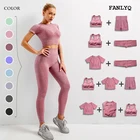 Женский комплект для йоги FANLYQ, бесшовный топ с длинными рукавами, леггинсы с высокой талией, спортивный костюм, одежда для занятий спортом для спортивного зала